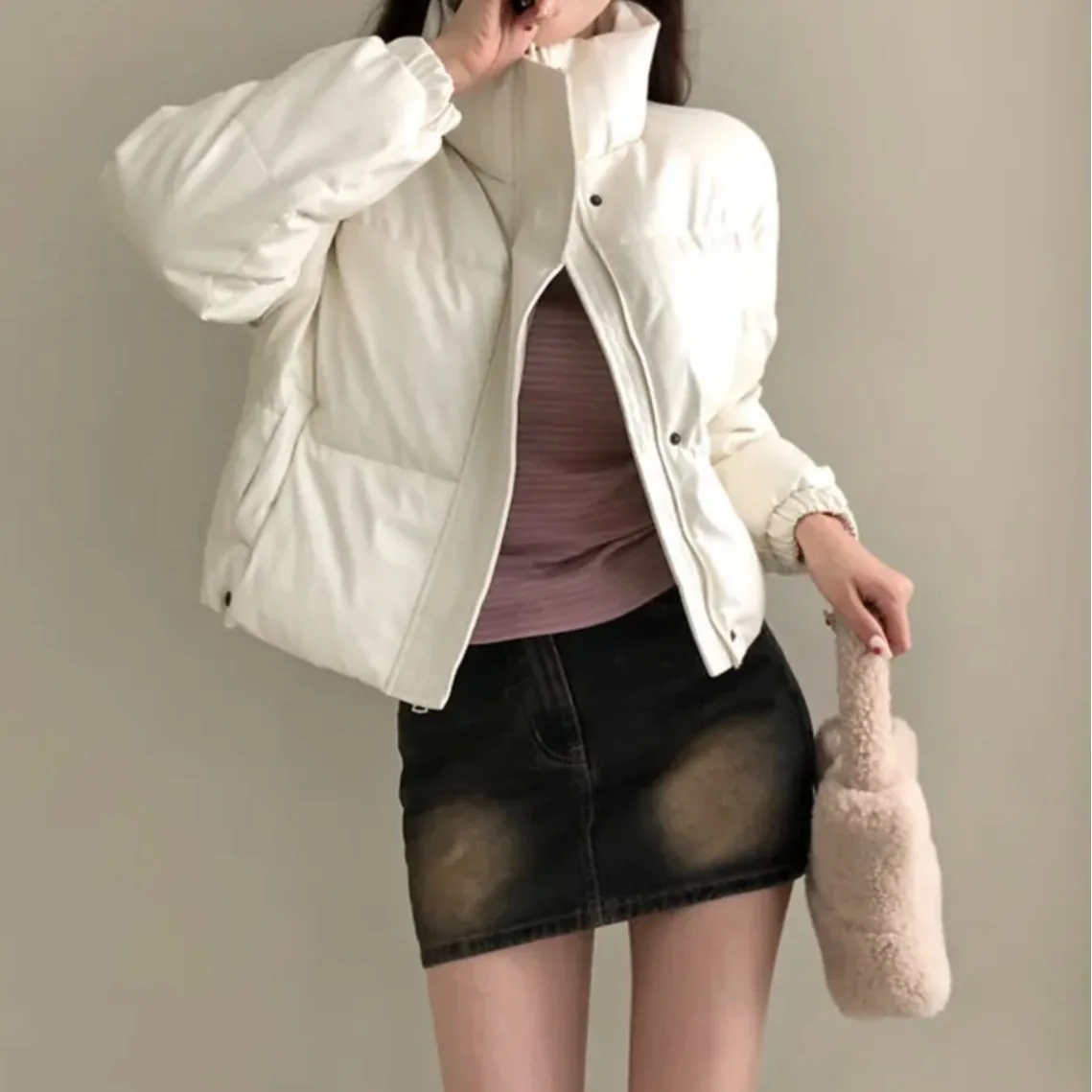 

Women's Winter Thickened PU Leather Short Coat Korean Style Chic Loose Versatile Cotton Padded Stand Collar Bread Style Jacket