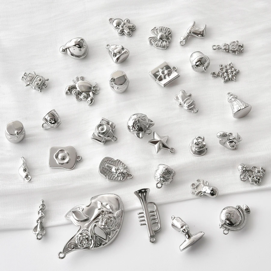 10Pcs Stainless Steel Silver Plated Charms 3D Pendants Pharaoh Camera Globe Crab Robot Princess Dress Animal DIY Jewelry Making