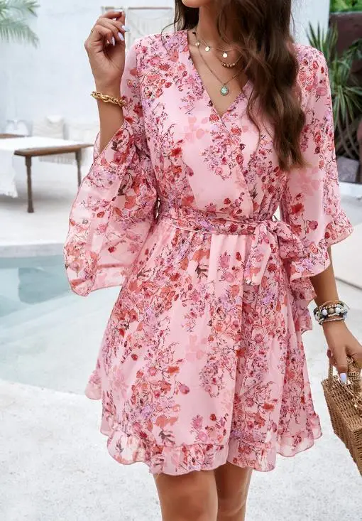 

Summer Casual Printed Lace Up Dress for Women, Elegant Floral Print V-Neck Lace Up A-Line Slim Fit Long Sleeved Lace Up Dress