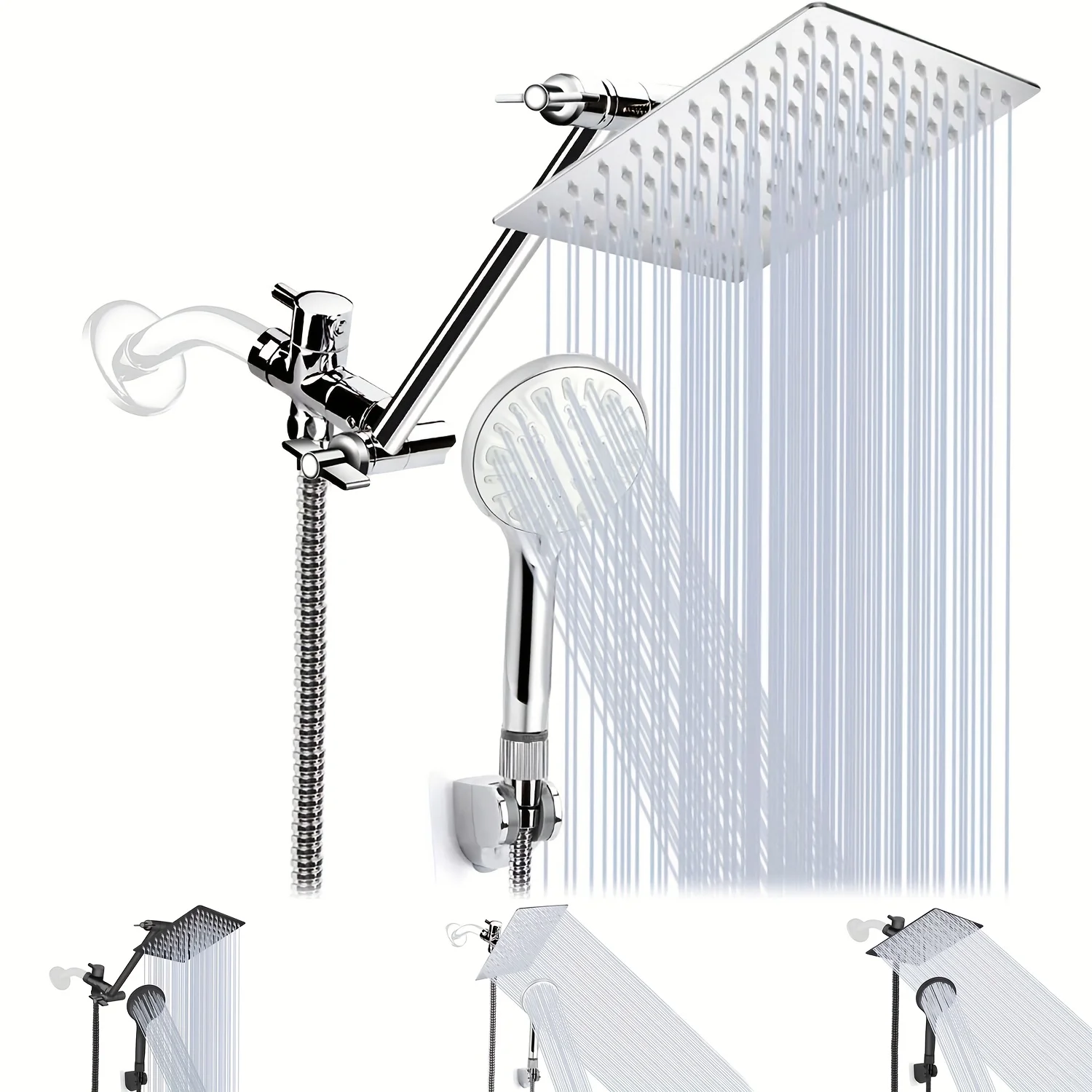 

Shower Head, 8/10/12 Inch High Pressure Rainfall Shower Head/Handheld Combo with 11 Inch Extension Arm, 3 Settings Adjustable Anti-Leak Shower Head with Holder/Hose, Shower Combo Excluding Extension Arm, Height/Angle Adjustable, Easy to Install