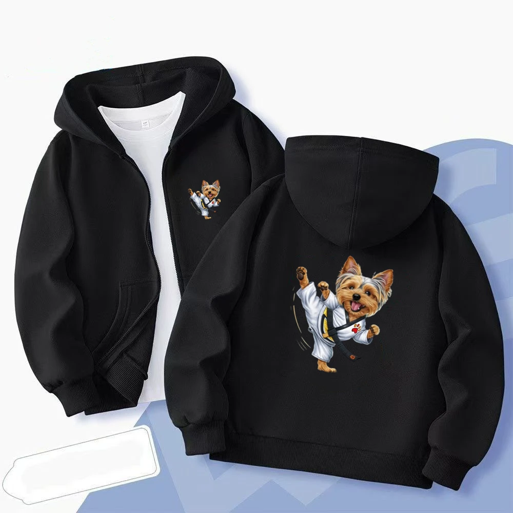 Yorkshire Terrier Martial Arts Print Zipper cardigan boy tops Children Coat Hoodies garment Girls Hoodie black autumn clothing
