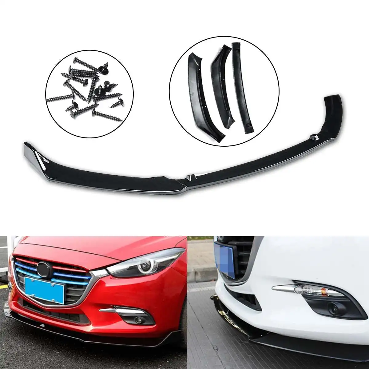 3Pcs Glossy Black Car Front Bumper Splitter Lip Cover Trim Front Bumper Diffuser Wing For MAZDA 3 Axela 2017-2018