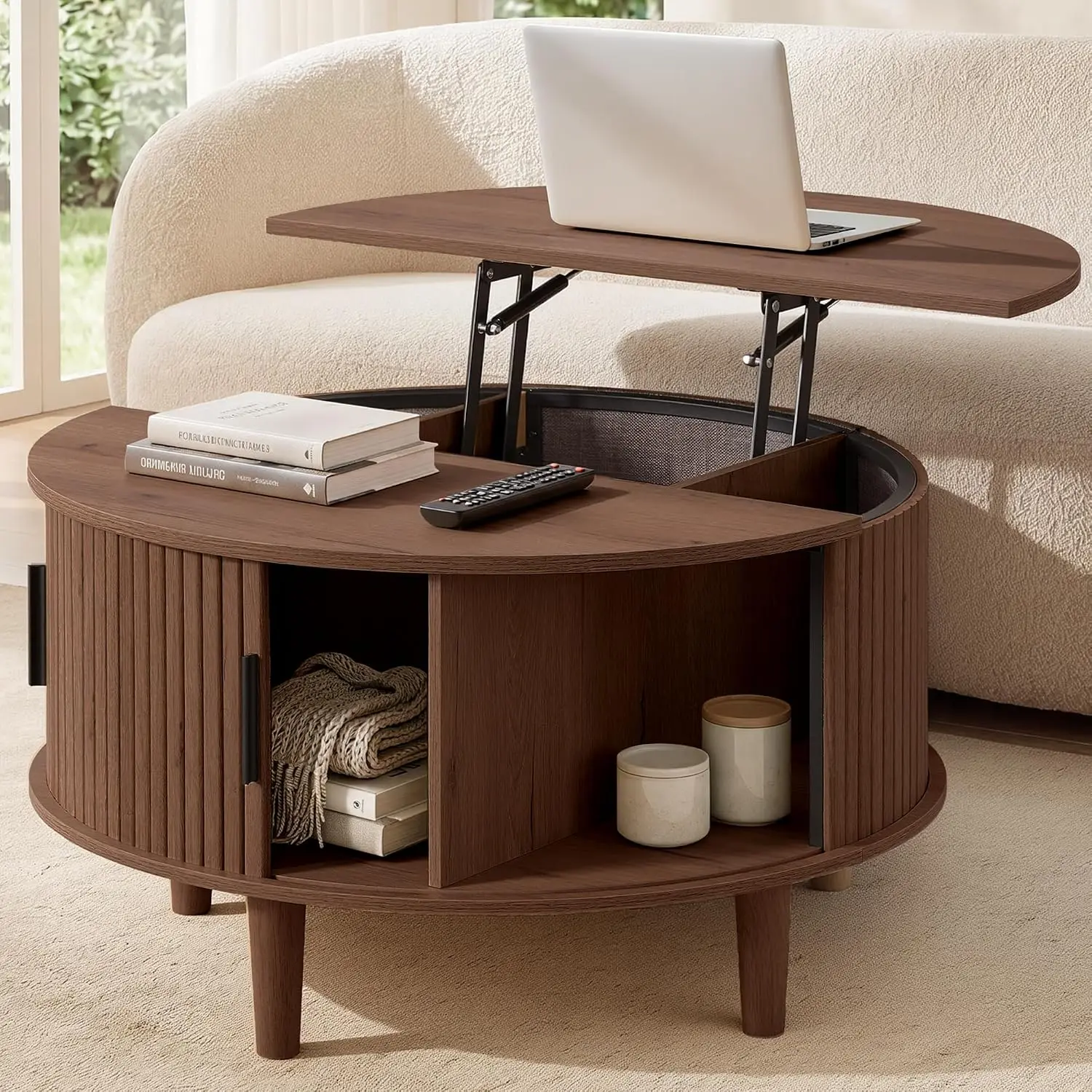 Round Coffee Table, Lift Top Coffee Table with Tambour Sliding Door | Mid-Century Modern, with Hidden And Open Storage, for Living Room, 31.5 Dia. X17.7 H Inch, Chestnut Brown