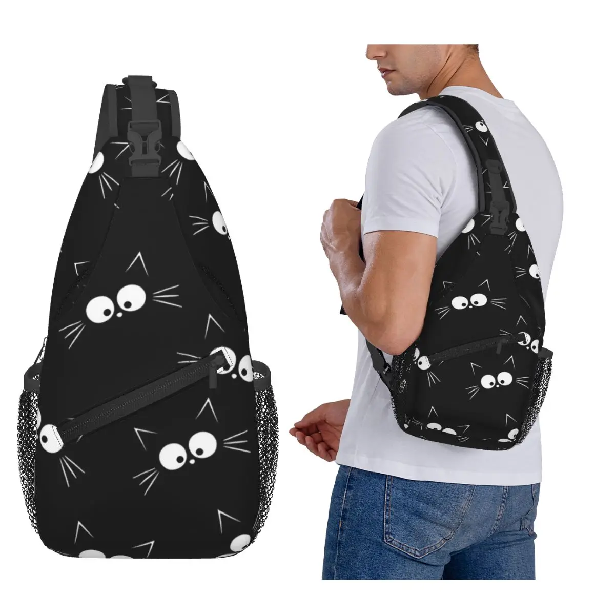 Cute Black Cat Pattern Chest Bag Men Sling Crossbody Backpack Chest Bag Traveling Hiking Daypack Shoulder Bag