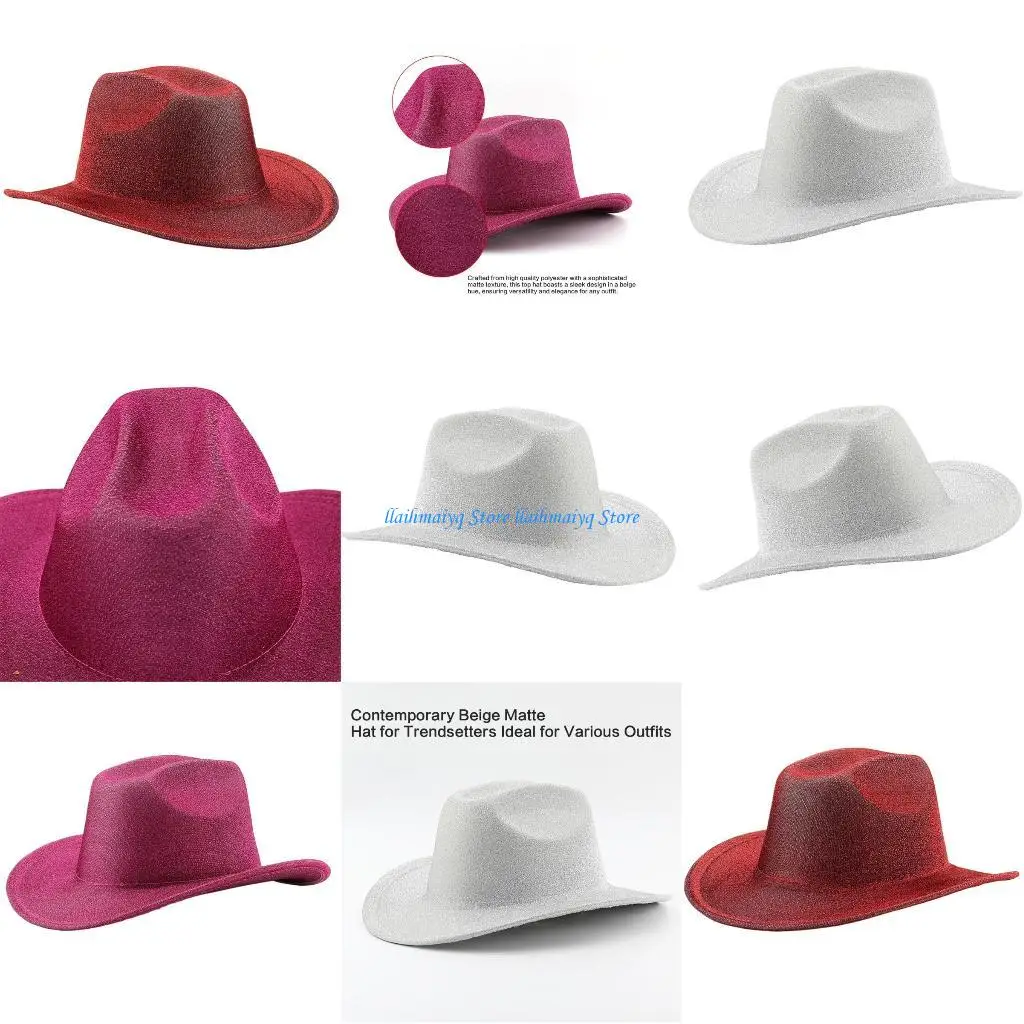 

573B Breathable Cowboy Hats Ethnic Women Traveling Cowboy Hats with Built in Hat Strap Adult Creative Shimmering Western Hat