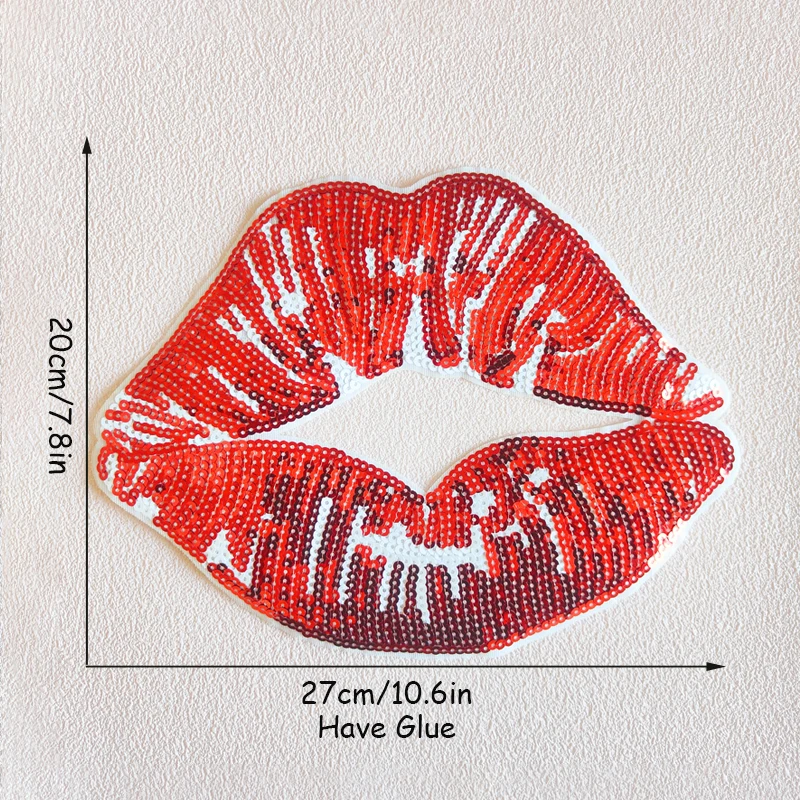 Large Red Sequin Mouth Embroidery Patch, DIY Polyester Fiber, Ironing and Sewing, Lip Clothing Accessories, Cloth Patch