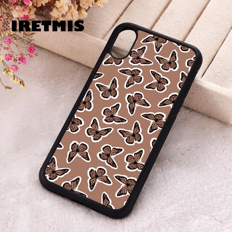 Iretmis Phone Cover Case For iPhone X XS Max XR 11 12 13 PRO MINI 14 15 16 Plus Rubber Silicone flowers brown butterflies