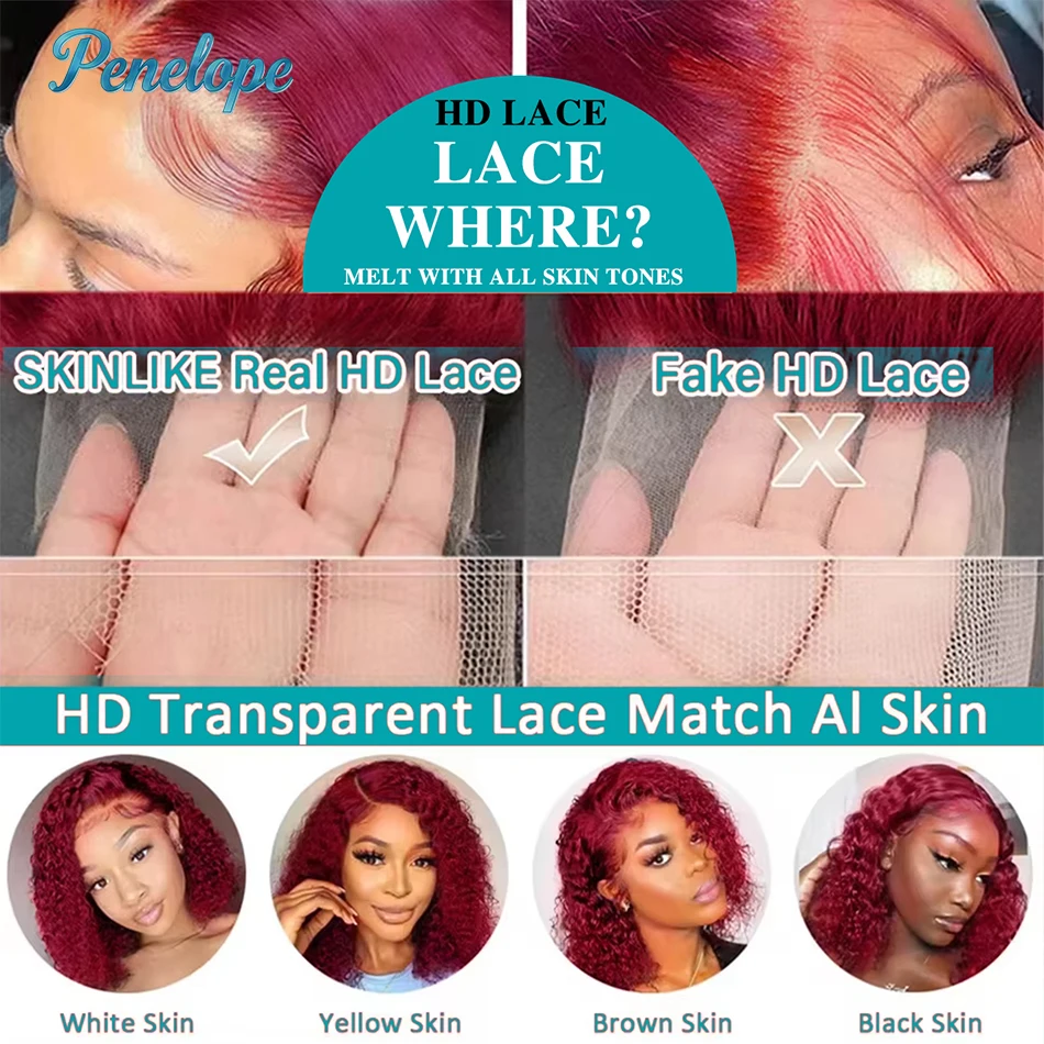 220 Density 99J Burgundy 13x6 HD Lace Frontal Human Hair Wig Pre plucked Colored Brazilian Deep Wave Curly Human Hair Wig image 4