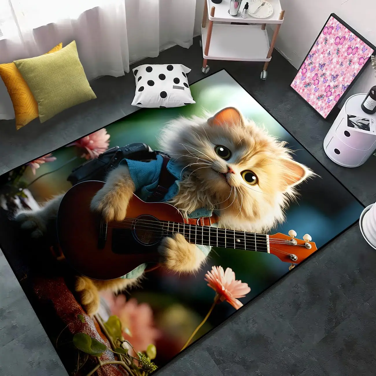 Cat Rug - Guitar Cat Rugs Room Decor for Boys Girls Kids, Cute Animal Carpet for Bedroom Living Room Sofa Floor Mat Doormat