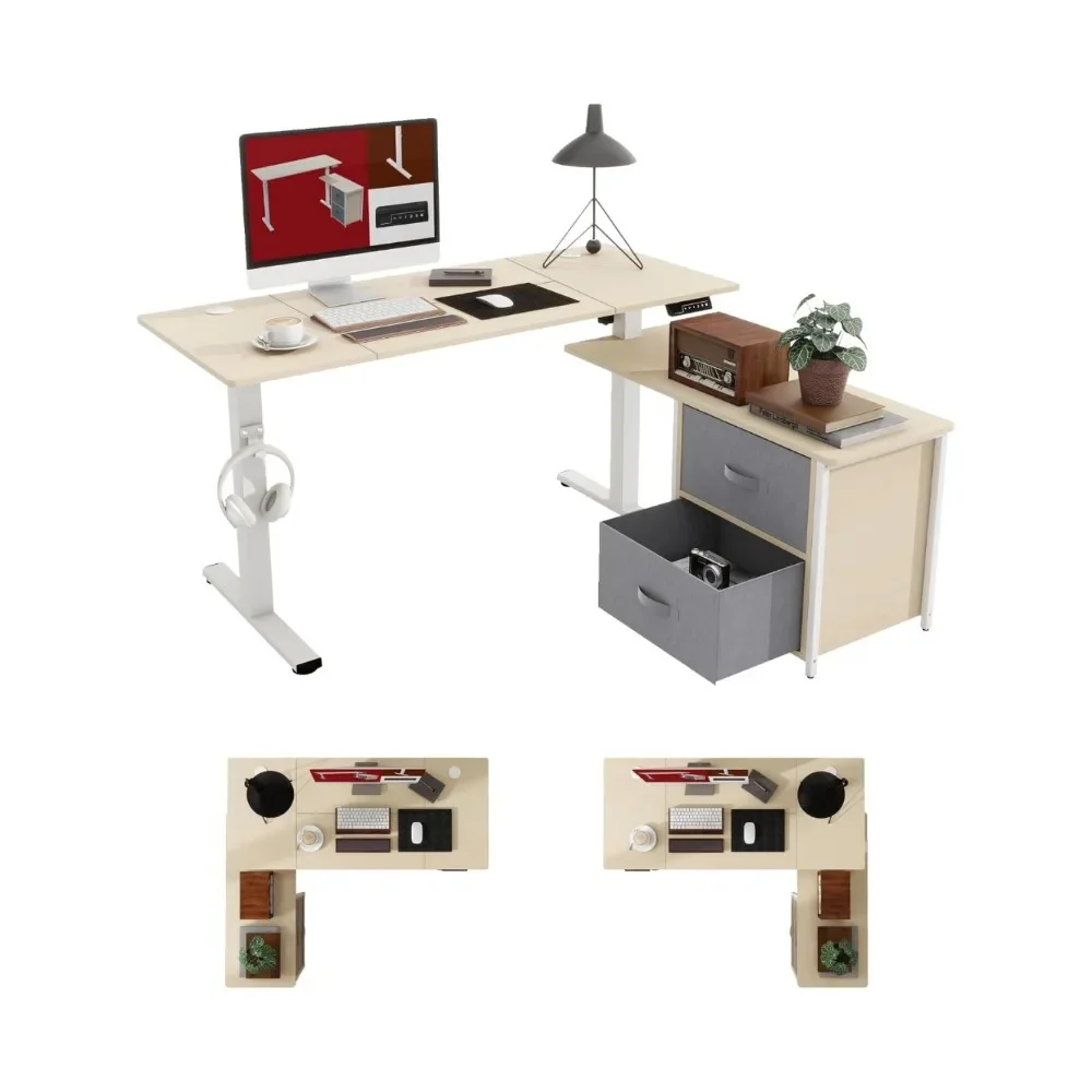 

55'' L Shaped Standing Desk , Electric Height Adjustable Stand Up Desk W/USB Charge Ports,White Frame/Maple Top|