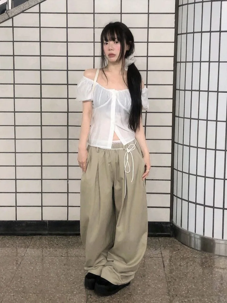 Elegant Lace Splice High Waist Drawstring Wide Leg Pants Loose Slimming Casual Trousers Versatile Comfortable Korean Style