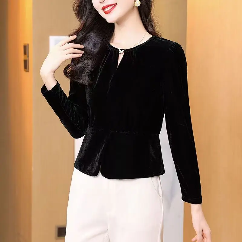Camicia a maniche lunghe in velluto tinta unita primavera donna O collo Slim Casual elegante farfalla design coreano camicetta Top 2025 Blusas Mujer