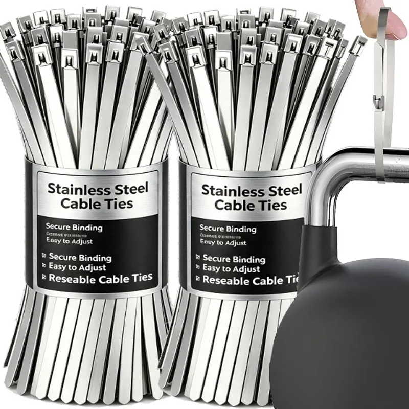 Image of Metall-Kabelbinder aus Edelstahl, selbstverriegelnde Befestigungsringe, robuste Kabelbinder, Auspuffband-Organizer für Zuhause und Büro