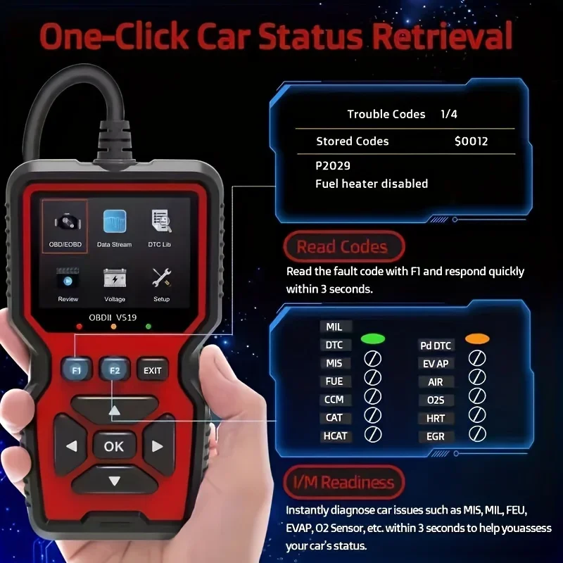 الماسح الضوئي V519 Pro Obd2: البيانات المباشرة وفحص إصلاح المحرك |   قارئ رمز خالي من البطارية مع طاقة DLC، وبروتوكولات CAN/KWP2000