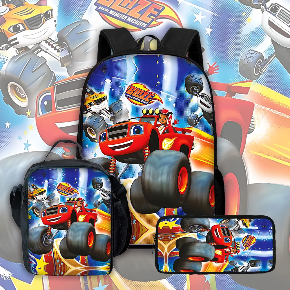 Cartoon 3D Games Blaze Monster Machines Child School Backpack with Lunch Bags ,Pencil Bags ,School Bags for Boys Girls Best Gift