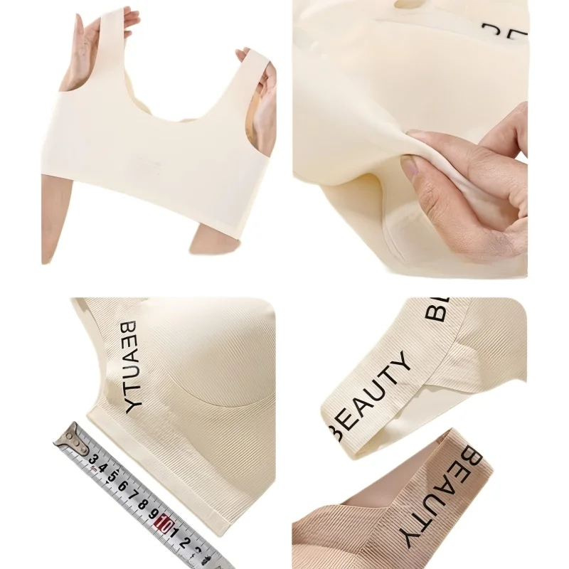 Gerippte BHs, Drahtloser BH für Damen, Nahtlose Unterwäsche, Übergrößen, Wellenförmiger Ausschnitt, Breiter Träger, Buchstabendruck, Stützender Sexy Lingerie, Größen M-3XL – Detail 12