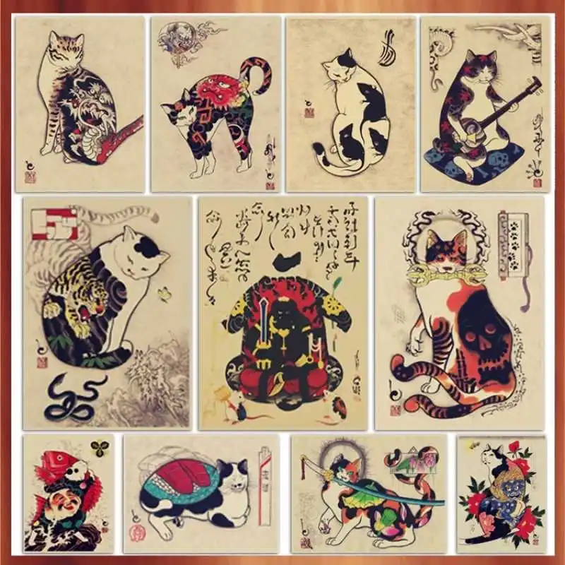 A3 Size Japanese Ukiyo-e Samurai Cat Tattoo Shop Retro Poster Kraft Paper