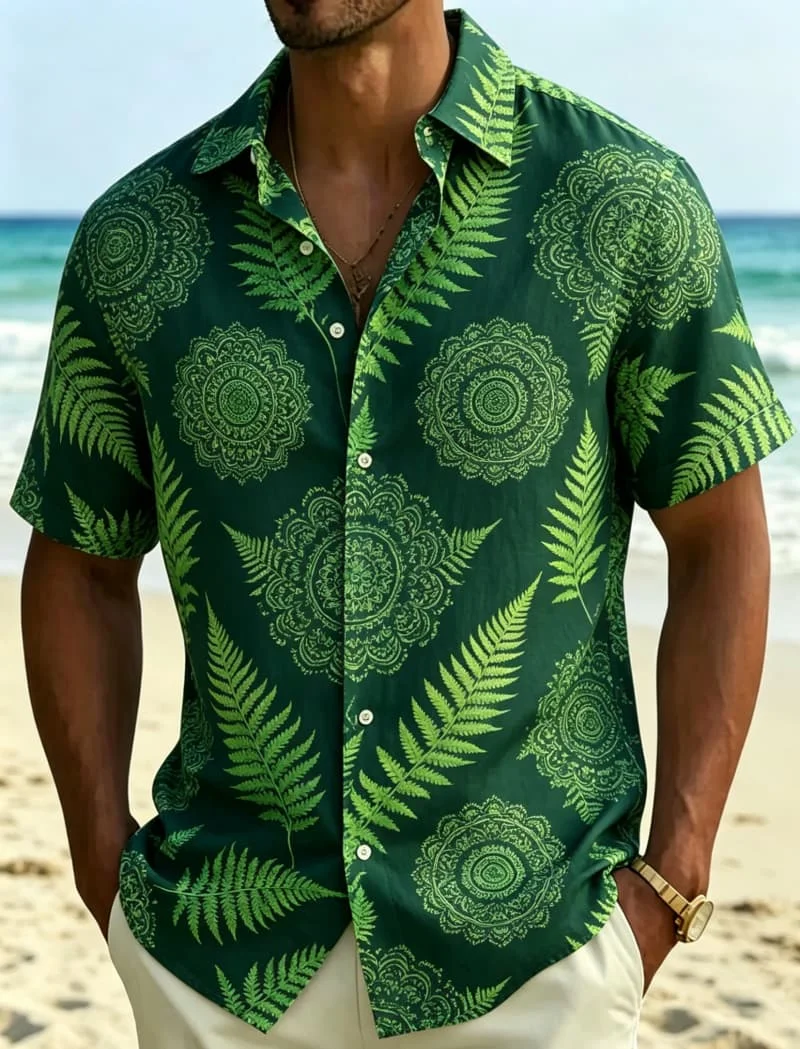 Men's Dark Blue Mandala Lotus Floral Print Short Sleeve Lapel Shirt Summer Beach Vacation Mens Clothing