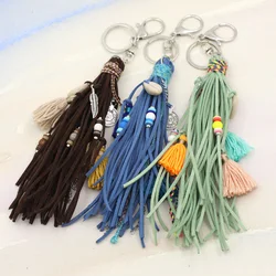 Bohemian Jewelry Keychain Velveteen Ribbon Tassel Shell Pendant Key Chain for Women Bag Decoration Handmade Accessories Gifts