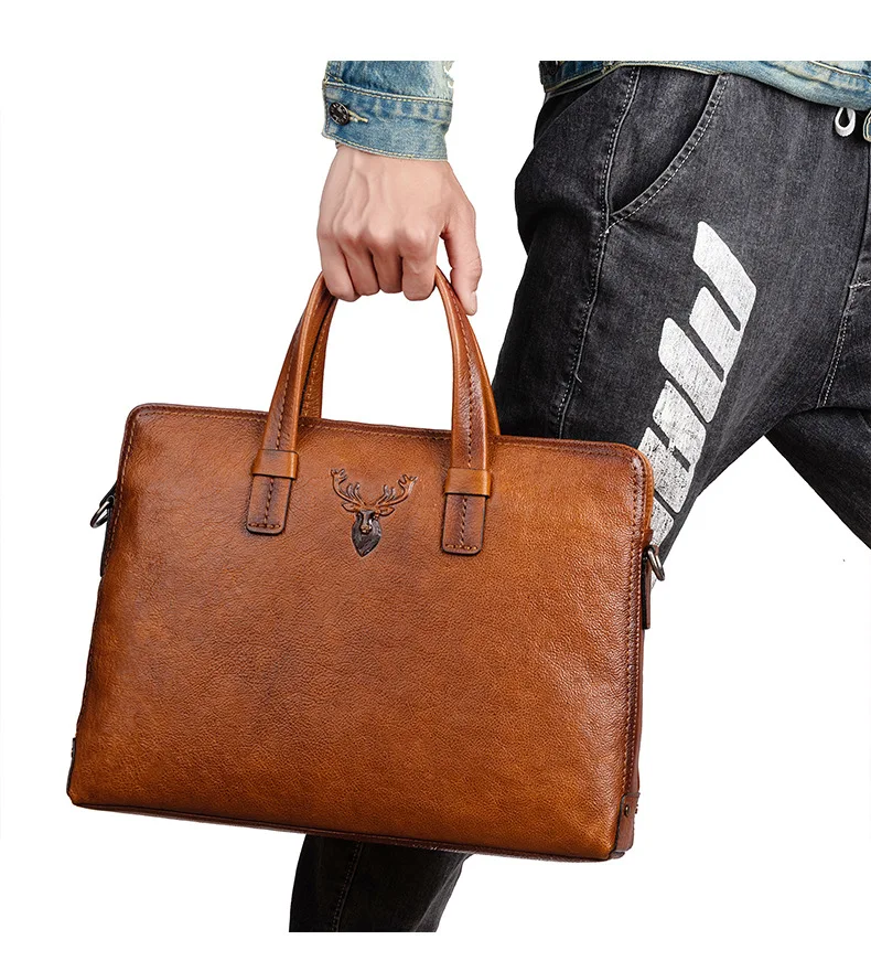 Retro Men's Briefcase Leather Casual Handbag Top Layer Cowhide Shoulder Bags Men Business Bag Pure Leather Laptop Tote Bags