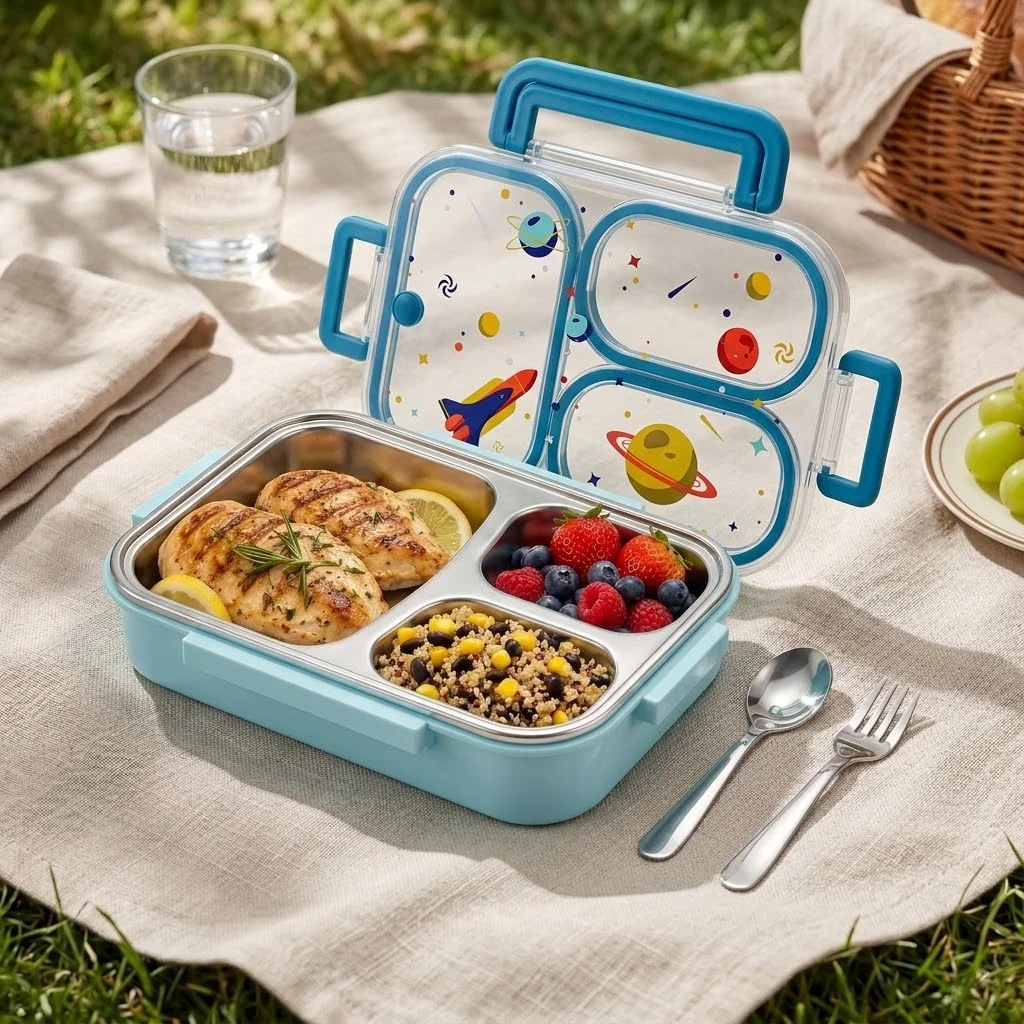900ML Cute 304 Stainless Steel Divided Bento Lunch Box For Kids Microwave Safe Portable Leak-proof Food Container With Handle