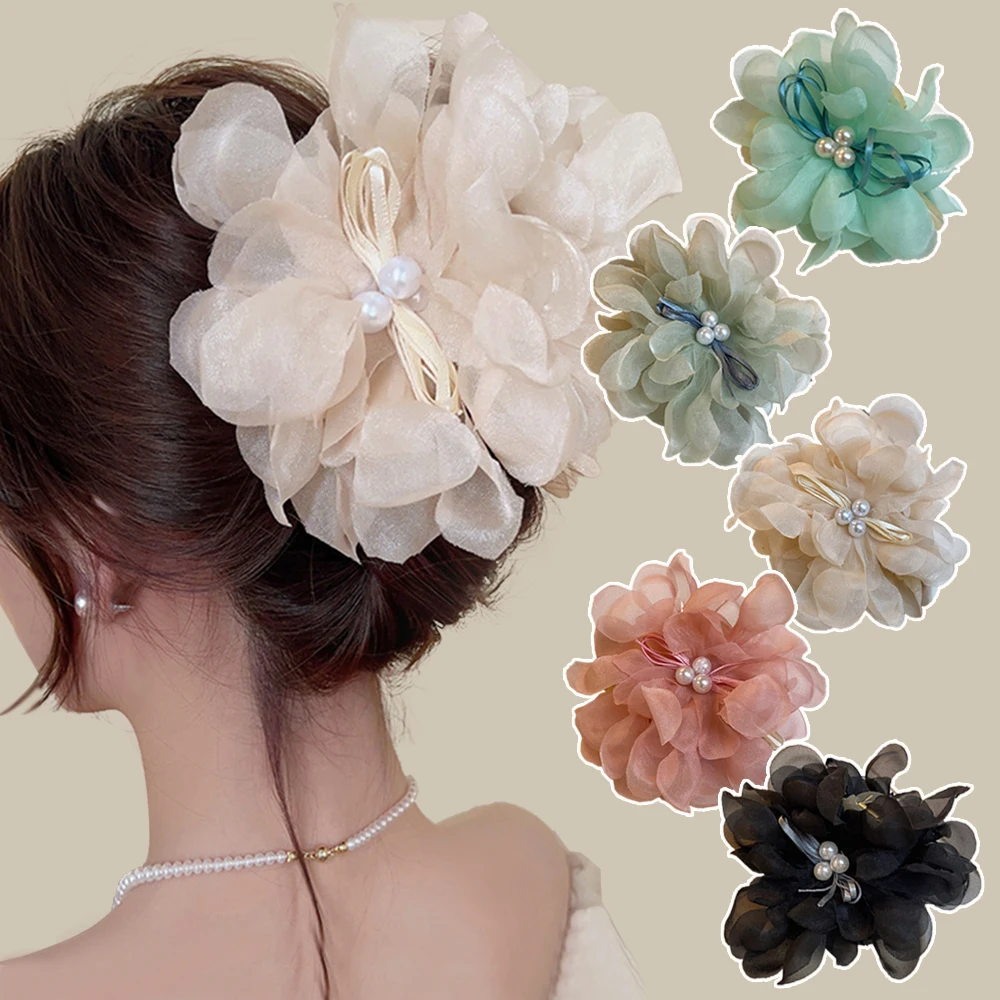 Garra elegante do cabelo da flor grande para mulheres, Hairpins do Chiffon da pérola, suporte do rabo de cavalo, grampos, Headwear, acessórios