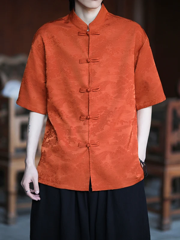 

New Chinese Sle Men's Summer Thin Ice Silk ort Sve irt Retro Button Large Size Men's Casual Wear Floral Embroidery