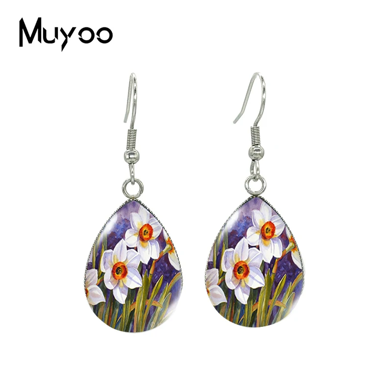 2022 New Spring of Daffodil Tear drop Earring Flower Painting Fish hook Earrings Glass Cabochon Jewelry Handmade Items