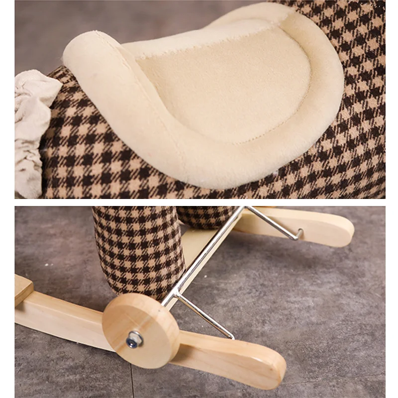 2 In 1 Children\'s Wooden Plaid Rocking Horse Stroller Music Balance Chair with Wheels Baby Toy Baby Birthday Gift