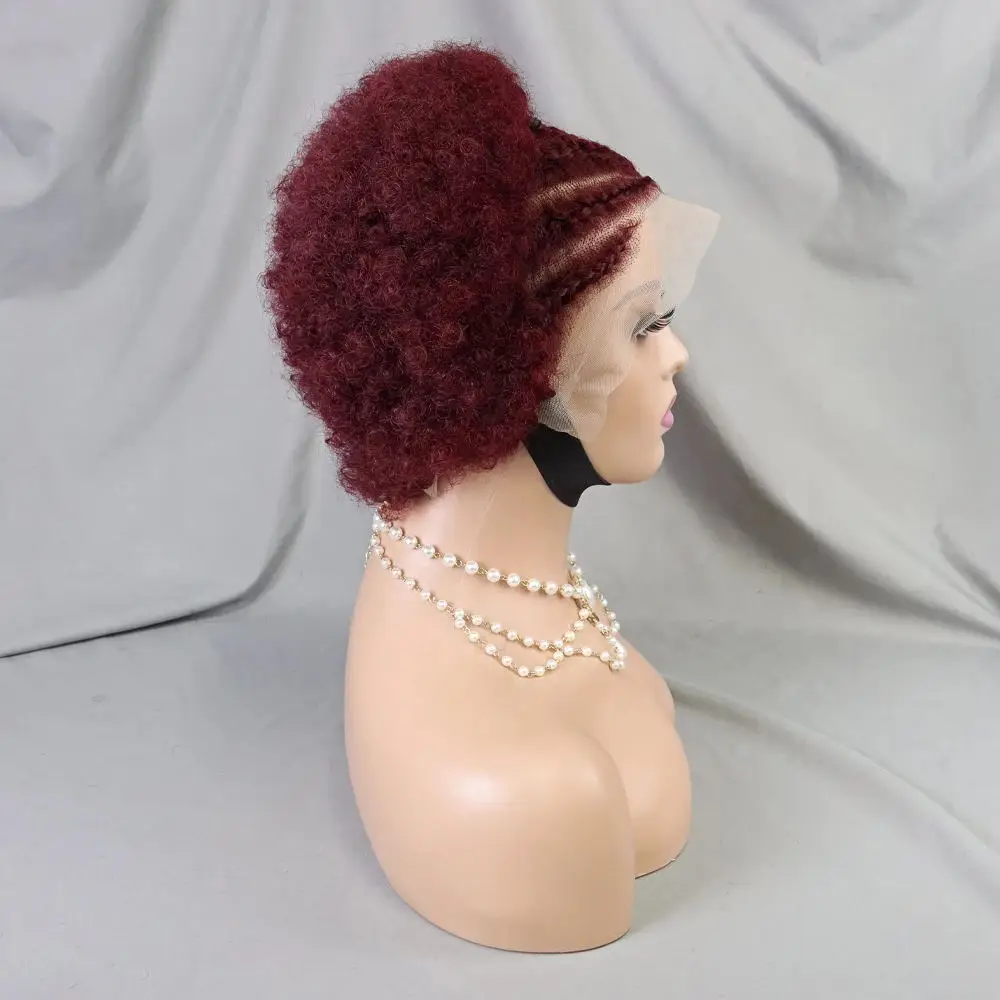 Perruque de Cheveux Humains Courts Bouclés, Coupe Pixie 99J, 13x4, Dentelle Transparente, Rouge Bordeaux, Coloré, avec Tresses