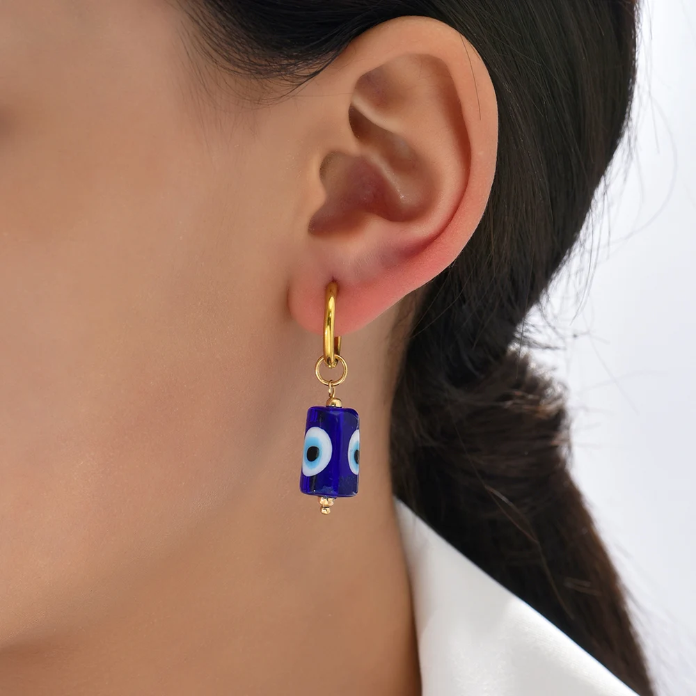 Evil Eye Pendant Earrings Blue Turkish Glass Eyes Stainless Steel Hoop Earrings for Women Men Lucky Protection Jewelry Gift