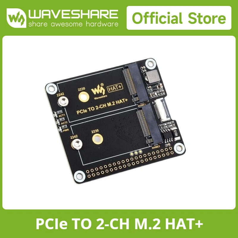 Waveshare PCIe To 2-ch M.2 Adapter, Compatible with 2230/2242 Size NVMe Solid State Drive, Raspberry Pi 5 M.2 HAT