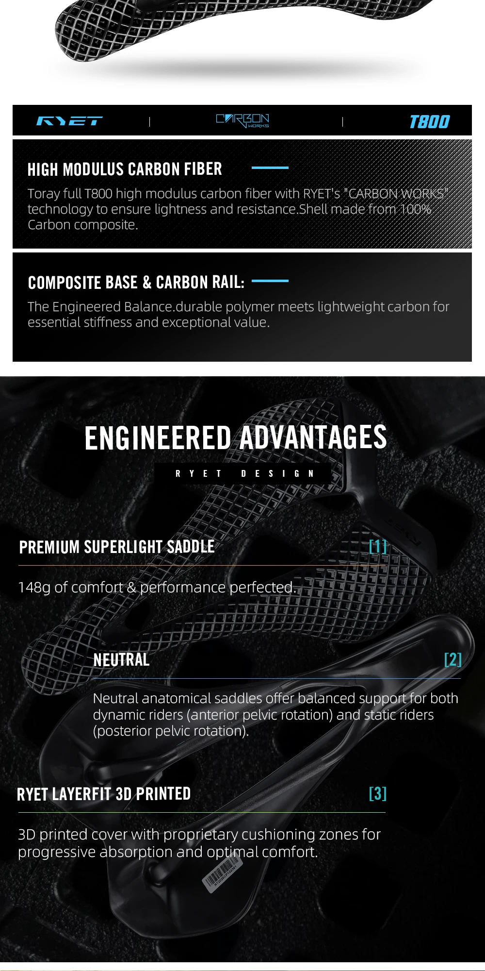 2026 RYET Ultraleichter Carbon-Fahrradsattel VCM 243x147mm für Rennradfahren 3D-Gedruckter Radsitz Sitzkissen Fahrradteile – Detail 9