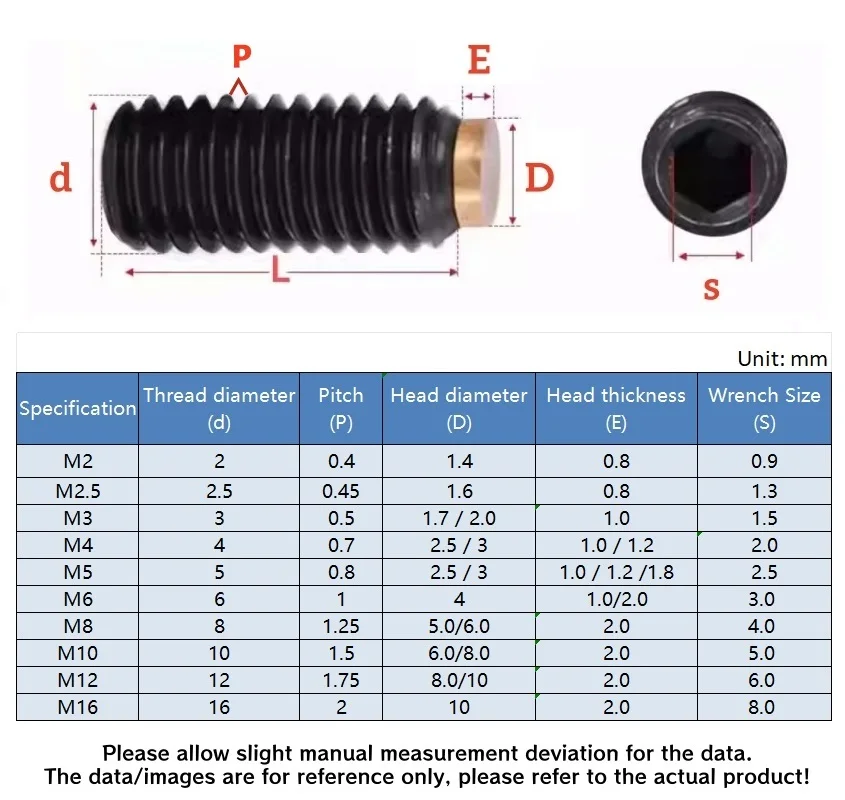 Black Grade12.9 Steel Hex Socket Set Screw M2 M2.5 M3 M4 M5 M6 M8 with Brass Tip Dog Point Grub Convex Headless Bolt/Stop Screw
