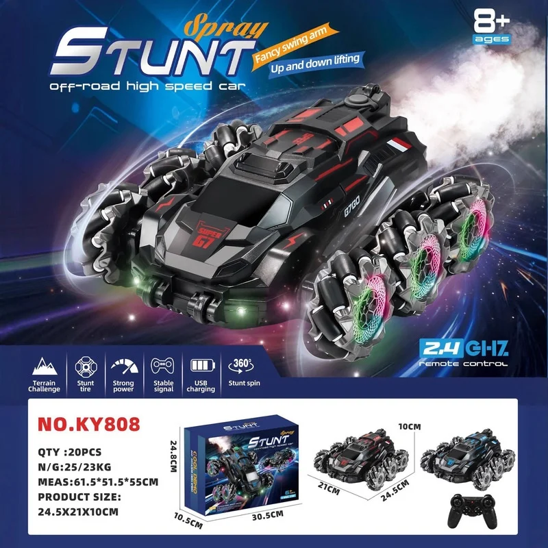 KY808 Remote Control Stunt Car 6 Wheel Off Road Drift Spray Toy With 2.4GHz 360 Spin LED Lights Swing Arm Lifting For Boys