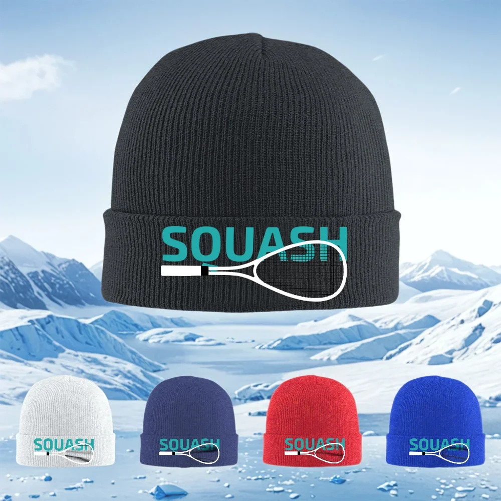 2026 Squash racket turquoise text black background Men Women Unisex Knitted Hat Beanie Pullover Cap Winter Thermal Warm Christma