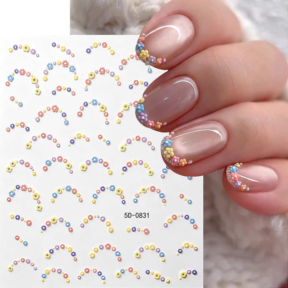 1pcs Relief Mini Five-petaled Flower French Nail Stickers Macarons Flower Curve Self-adhesive Nail Decals Spring Sweet Nail Slid