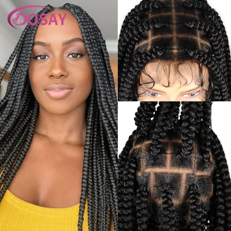 Perruques tressées en dentelle synthétique pour femmes noires, perruque avant en dentelle cornrow, grosses tresses carrées sans nœuds