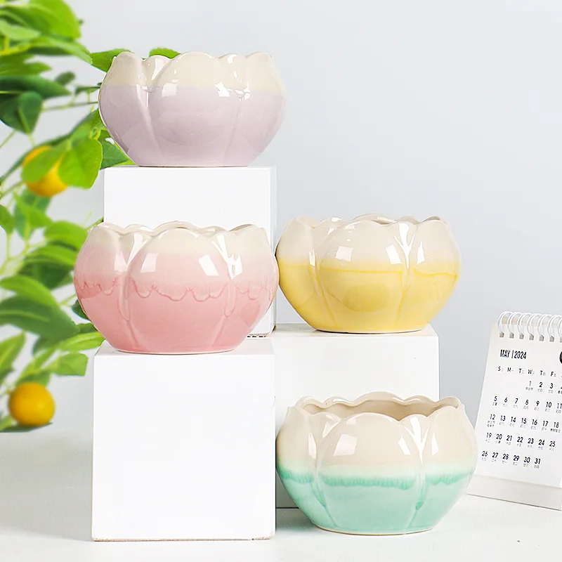 Succulent Flower Pot Ceramic Lotus Pot Balcony Simple Meat Plant Pot Combination Coarse Pottery Breathable Green Plant Flower