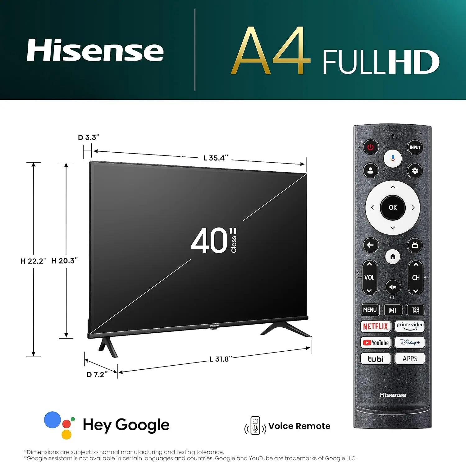 40 pollici classe A4 serie FHD 1080p Google Smart TV (40 a4k)-DTS Virtual: X, modalità di gioco e sport, Chromecast Built-in, Alexa Comp