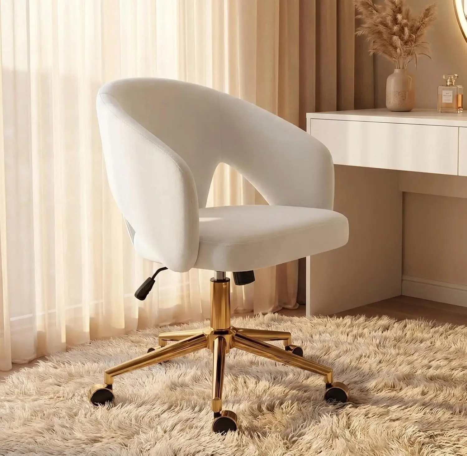 Velvet Vanity Chair with Wheels Gold Base for Home Office Desk,Cream