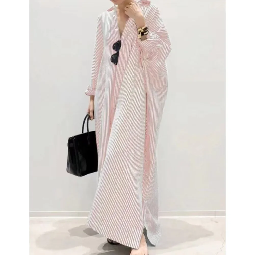 CPSYMYM, vestido camisero informal holgado con estampado a rayas de manga larga para primavera y verano, nueva moda sencilla para mujer, camisa para vacaciones en la playa Dre
