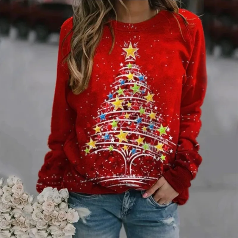 Women Sweatshirts 2024 Spring Autumn Print Long Sleeve O-Neck Fashion Casual Loose Vintage Commuting Lady Christmas Pullover Top