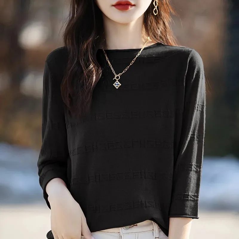 Elegant Women Thin Knit Pullover Boat Neck Seven Quarter Sleeve Subtle Embossed Texture Slim Base Layer Tops S-3XL