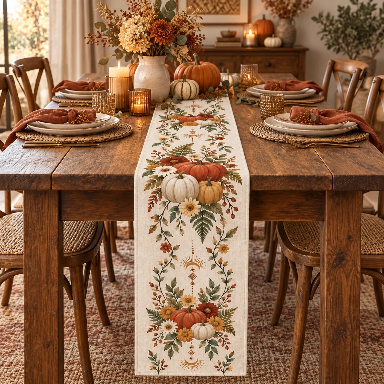 Boho Pumpkin Table Runner Floral Fall Autumn Long Tablecloth Harvest Decoration Dining Room Kitchen Home Thanksgiving Decor