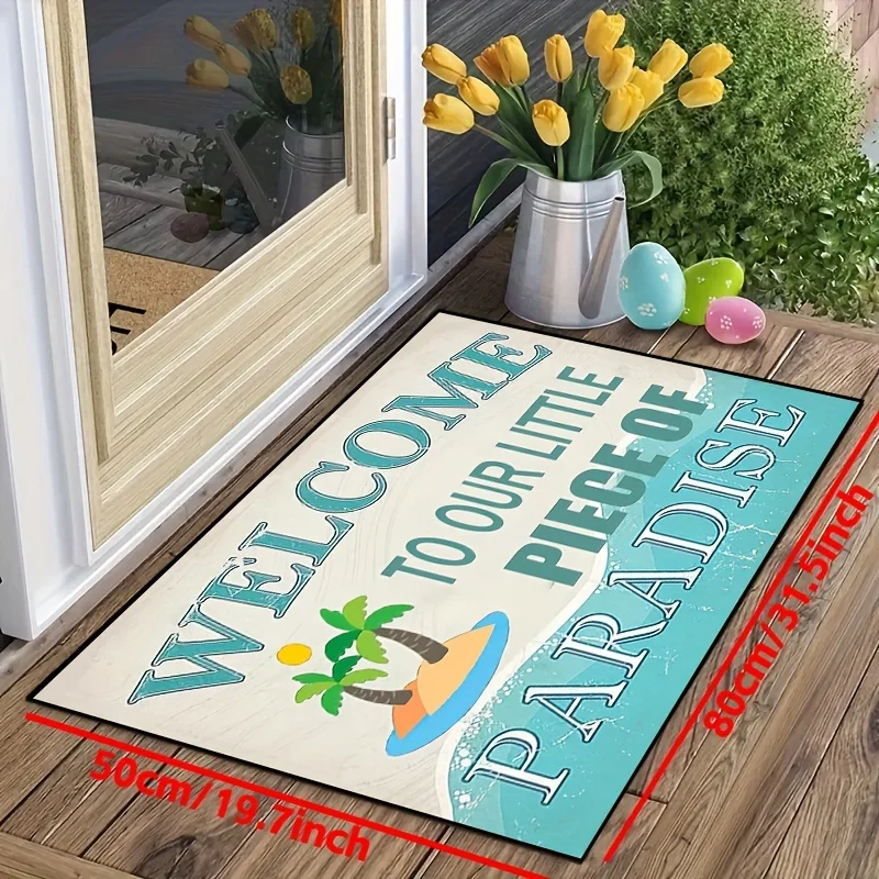 VIKAMA Welcome Paradise Front Door Doormat Tropical Palm Island Warm Letter Print Non‑slip Waterproof Wear‑resistant Entry Floor