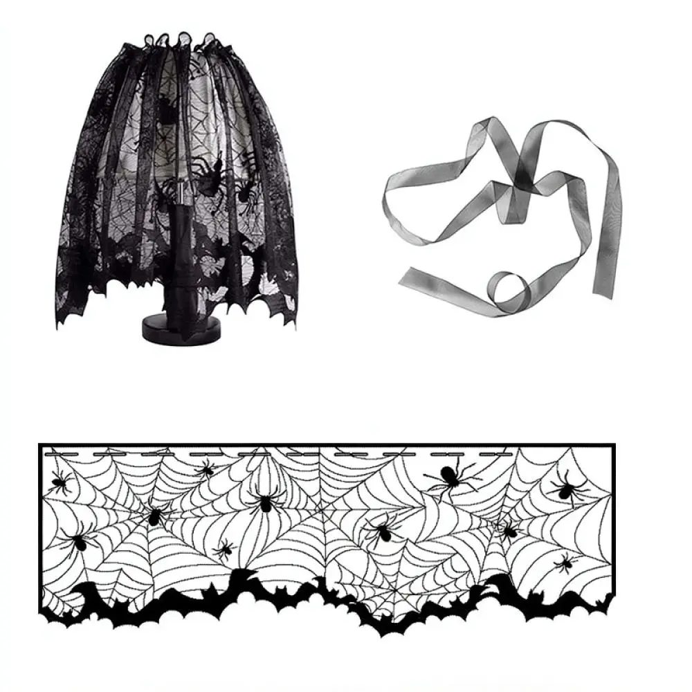 Halloween Tablecloth Fireplace Scarf Table Runner Lampshade Decor Set Spider Web Bat Pattern Festive Supplies