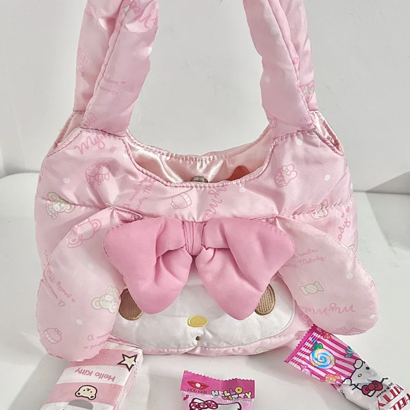 Sanrio My Melody Cotton Down Fashion Handbag Sweet Cute Y2k Girl Versatile Shoulder Bag Bow Design Small Fresh Printed Pink Tote