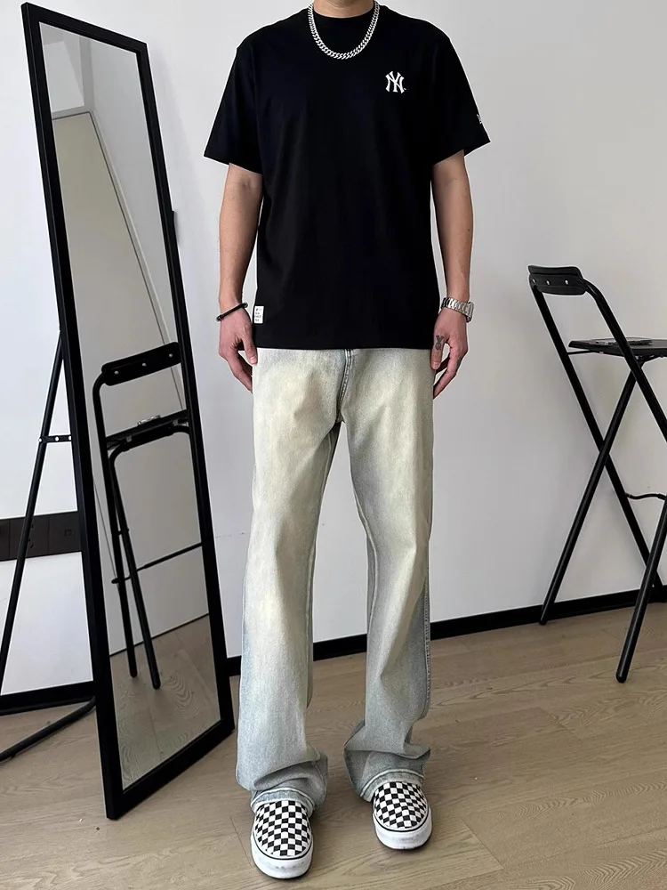 

Мужские джинсы в стиле ретро, цвет желтый грязьно-коричневый, прямые с легким расклешением, весна-осень, американский стиль, облегающие, длинные брюки