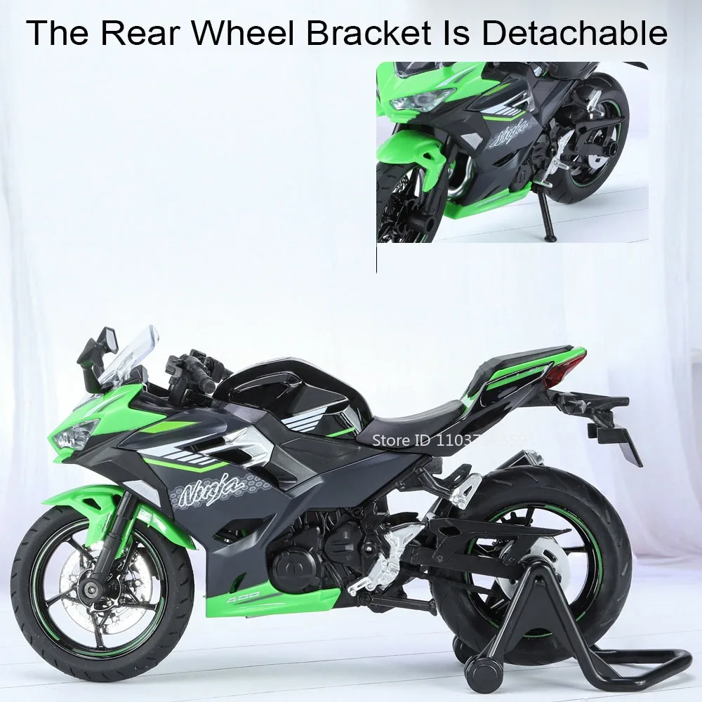 1:12 Kawasaki Nijia 400 H2R motocicleta modelo juguetes aleación Diecast sonido luz absorción de impacto dirección de la rueda delantera para niños regalos